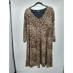 Karen Kane A-Line Dress Plus 2X Leopard Print V-Neck‎ Pocket 3/4 Sleeve Brown